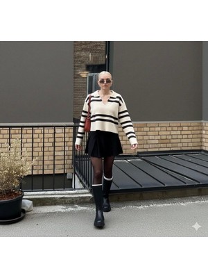 Yuga Knitting Polo Yaka Cizgili Kadın Basic Trend Kazak