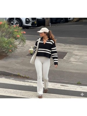 Yuga Knitting Polo Yaka Cizgili Kadın Basic Trend Kazak