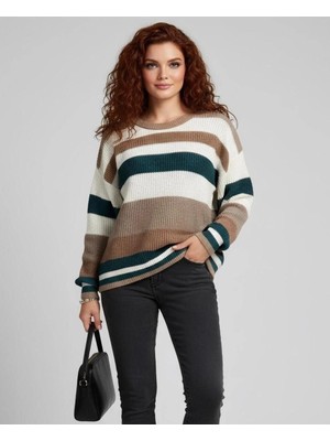 Yuga Knitting Bisiklet Yaka Cizgili Günlük Kadın Selanik Kazak