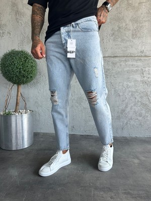 KağanKY Buz Mavi Yırtıklı Boyfriend Jean