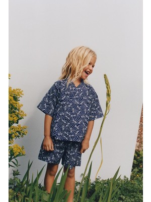 Magu Unisex Çocuk Pamuklu Lacivert Desenli T-Shirt ve Şort Takım