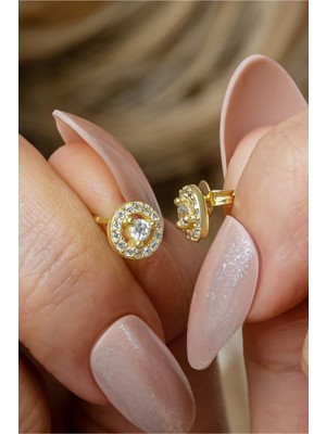 Normadia 925 Ayar Gümüş Gold Kaplama Minimal Tektaş Yuvarlak Küpe