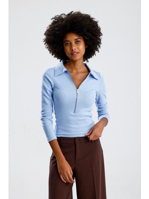 Rose Arya Mavi Polo Yaka Uzun Kollu Bluz