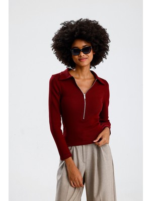 Rose Arya Bordo Polo Yaka Uzun Kollu Bluz