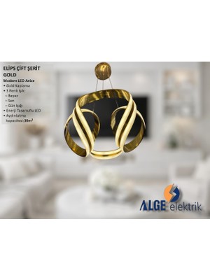 Alge Avize Elips Çift Şerit Gold Modern LED Avize