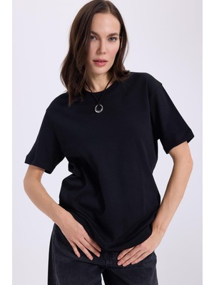 Tudors Kadın Relax Fit Rahat Kesim %100 Pamuk Yumuşak Dokulu Hafif Kalın Basic Bisiklet Yaka Siyah Tişört