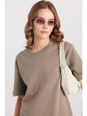 Tudors Kadın Relax Fit Rahat Kesim %100 Pamuk Yumuşak Dokulu Hafif Kalın Basic Bisiklet Yaka Taş Tişört