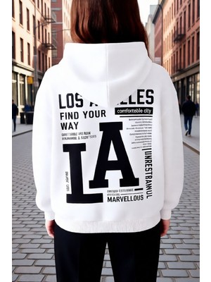 Trendseninle Unisex Beyaz Oversize La Marvellous Baskılı Hoodie Sweatshirt