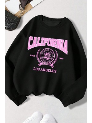 Trendseninle Siyah Calif Sagacity Baskılı Regular Bisiklet Yaka Sweatshirt