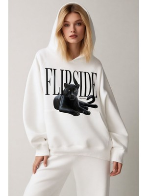 Trendseninle Unisex Beyaz Flip Side Baskılı Kapüşonlu Sweatshirt Hoodie