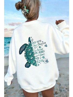 Trendseninle Kadın Beyaz Caretta Baksılı Oversize Kalıp Bisiklet Yaka Sweatshirt