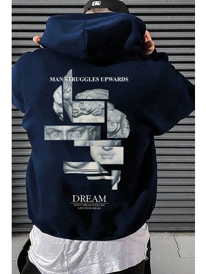 Trendseninle Unisex Unisexpartial Sculpture Özel Baskı Pamuklu Oversize Kapüşonlu Sweatshirt Lacivert