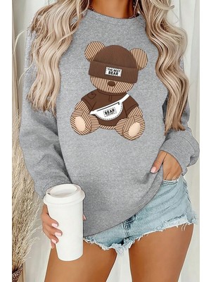 Trendseninle Gri The Best Bear Baskılı Oversize Bisiklet Yaka Sweatshirt