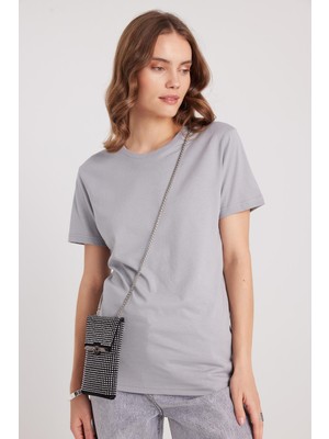 Tudors Kadın Slim Fit Dar Kesim %100 Pamuk Yumuşak Dokulu Gri Bisiklet Yaka Tişört