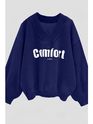 Trendseninle Kadın Lacivert Comfortın Paris Baskı V Yakalı Oversize Sweatshirt