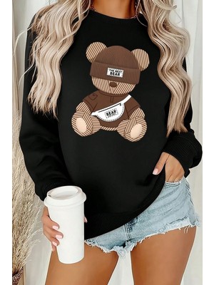 Trendseninle Siyah The Best Bear Baskılı Oversize Bisiklet Yaka Sweatshirt