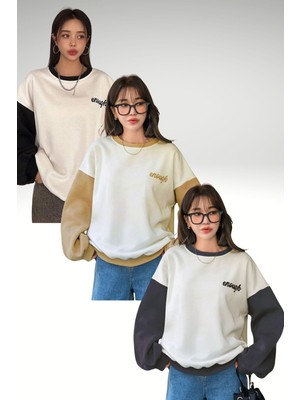 Trendseninle 3lü Set Siyah Bej Füme Enough Baskılı Kol Detay Oversize Sweatshirt