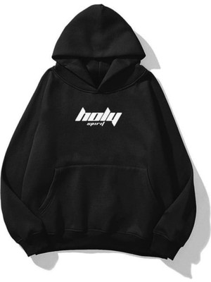 Trendseninle Unisex Holy Baskılı Kapüşonlu Sweatshirt Hoodie Siyah