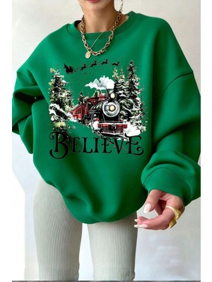 Trendseninle Kadın Nefti Believe Yılbaşı Baskılı Bisiklet Yaka Oversize Sweatshirt