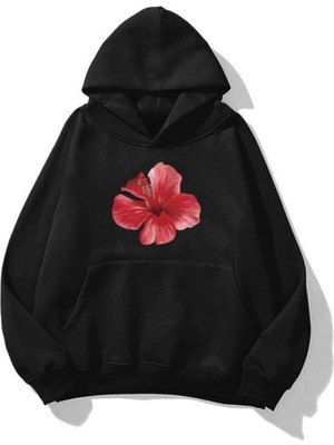 Trendseninle Unisex Hibiscus Baskılı Kapüşonlu Sweatshirt Hoodie Siyah