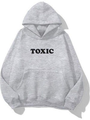 Trendseninle Unisex Toxic Baskılı Kapüşonlu Sweatshirt Hoodie Gri