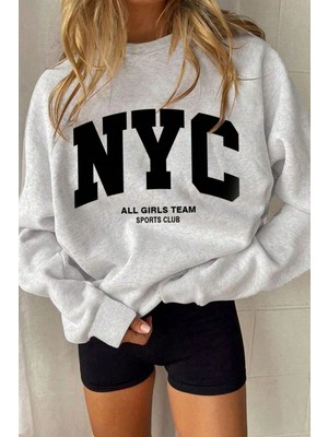 Trendseninle Kadın Gri Nyc Baskılı Bisiklet Yaka Oversize Sweatshirt