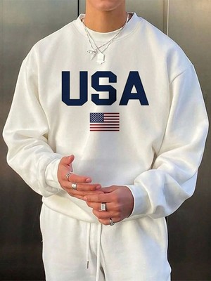 Trendseninle Beyaz Usa Baskılı Oversize Bisiklet Yaka Uzun Kollu Sweatshirt