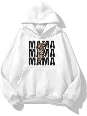 Trendseninle Unisex Tripple Mama Baskılı Kapüşonlu Sweatshirt Hoodie Beyaz