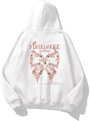Trendseninle Unisex Rose Butterfly Baskılı Kapüşonlu Sweatshirt Hoodie Beyaz