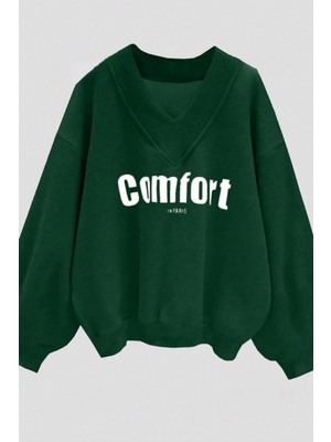 Trendseninle Kadın 3 Iplik Yeşil Comfort In Paris Baskı V Yakalı Oversize Sweatshirt