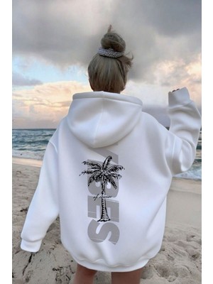 Trendseninle Kadın Beyaz Palm Vibes Baskılı Oversize Kapüşonlu Sweatshirt Hoodie