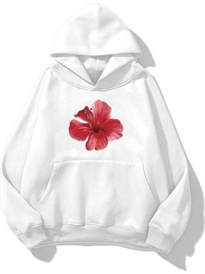 Trendseninle Unisex Hibiscus Baskılı Kapüşonlu Sweatshirt Hoodie Beyaz