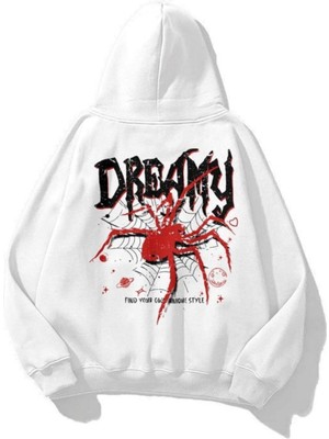 Trendseninle Unisex Dreamy Spider Baskılı Kapüşonlu Sweatshirt Hoodie Beyaz