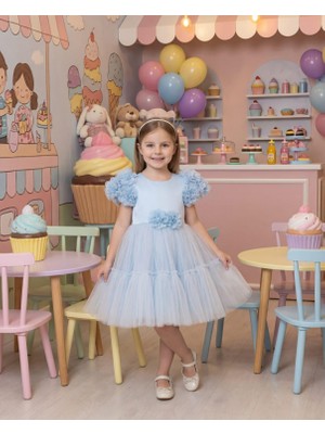 Butik Happy Kids Kız Çocuk Çiçek Detaylı Kat Kat Tül Abiye Elbise Bebe Mavi 2-6 Yaş