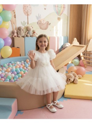 Butik Happy Kids Kız Çocuk Çiçek Detaylı Kat Kat Tül Abiye Elbise Beyaz 2-6 Yaş