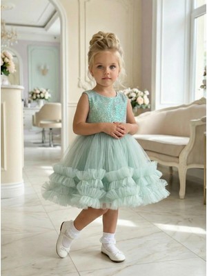 Butik Happy Kids Kız Çocuk Yeşil Payetli Volanlı Tüllü Prenses Abiye Elbise 1-5 Yaş