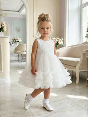 Butik Happy Kids Kız Çocuk Beyaz Payetli Volanlı Tüllü Prenses Abiye Elbise 1-5 Yaş