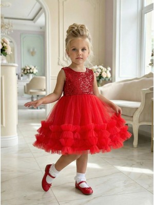 Butik Happy Kids Kız Çocuk Kırmızı Payetli Volanlı Tüllü Prenses Abiye Elbise 1-5 Yaş