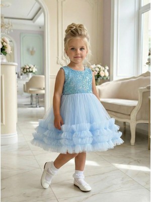 Butik Happy Kids Kız Çocuk Mavi Payetli Volanlı Tüllü Prenses Abiye Elbise 1-5 Yaş