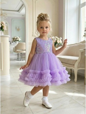 Butik Happy Kids Kız Çocuk Lila Payetli Volanlı Tüllü Prenses Abiye Elbise 1-6 Yaş