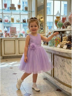 Butik Happy Kids Kız Çocuk Lila Volanlı Tüllü Çiçek Detaylı Abiye Elbise  1-5 Yaş