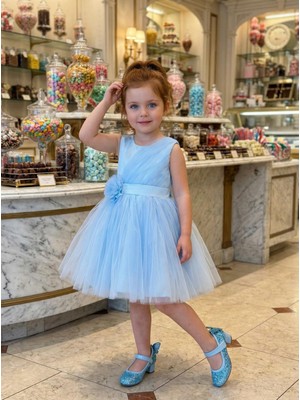 Butik Happy Kids Kız Çocuk Mavi Volanlı Tüllü Çiçek Detaylı Abiye Elbise  1-5 Yaş