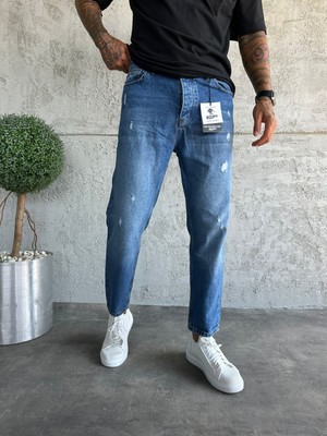KağanKY Mavi Boyfriend Jean Erkek Denim 98% Pamuk Normal Bel Carrot Fit Günlük Stil