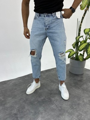 KağanKY Mavi Yırtık Detaylı Boyfriend Jean