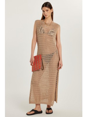 Tudors Kadın Standart Fit Akrilik Frize Örme Desenli Sosis Yaka Bej Plaj Elbise