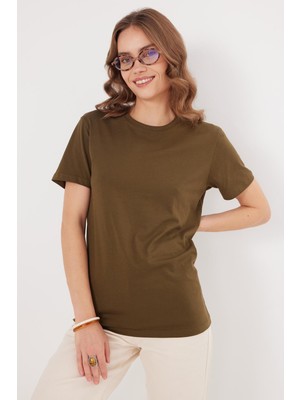 Tudors Kadın Slim Fit Dar Kesim %100 Pamuk Yumuşak Dokulu Haki Bisiklet Yaka Tişört