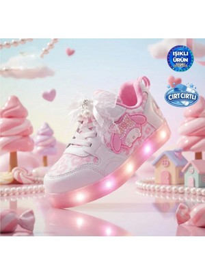 Mocno Incili ve Fiyonklu Beyaz- Pembe Işıklı Kız Çocuk Sneaker Spor Ayakkabı