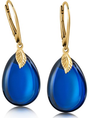 Normadia Şık Mavi Damla Kesim Kehribar Küpe, 925 Gümüş Altın Kaplama, Sertifikalı