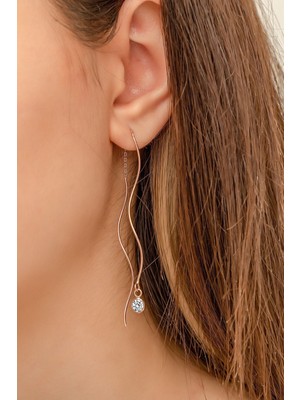 Normadia Dalgalı Tekli Küpe, Nano Zirkon Taşlı, Rose Gold Kaplama, 925 Ayar