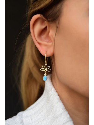 Normadia 925 Ayar Gümüş Gold Kaplama Oval Opal Lotus Halka Küpe